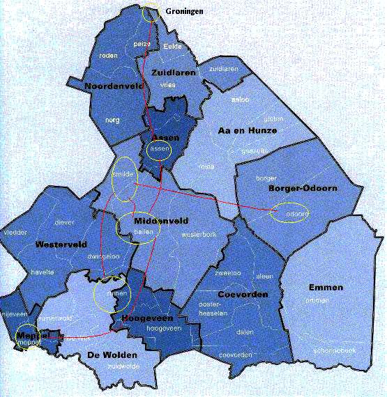 Kaart van Drenthe met woonplaatsen van de Veeninga's 