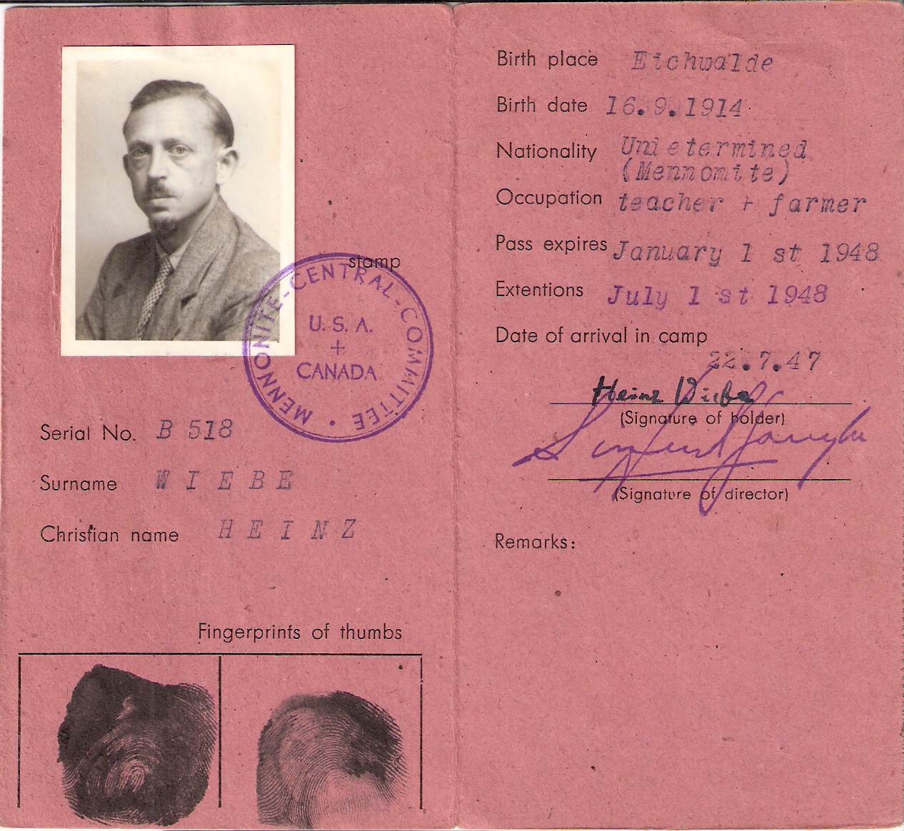 Identity card Heinz Wiebe