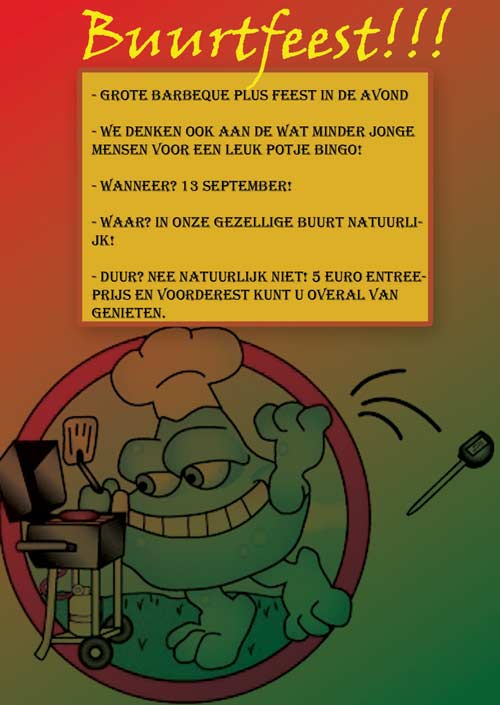 flyer buurtfeest met een kikker erop die aan het barbequen is